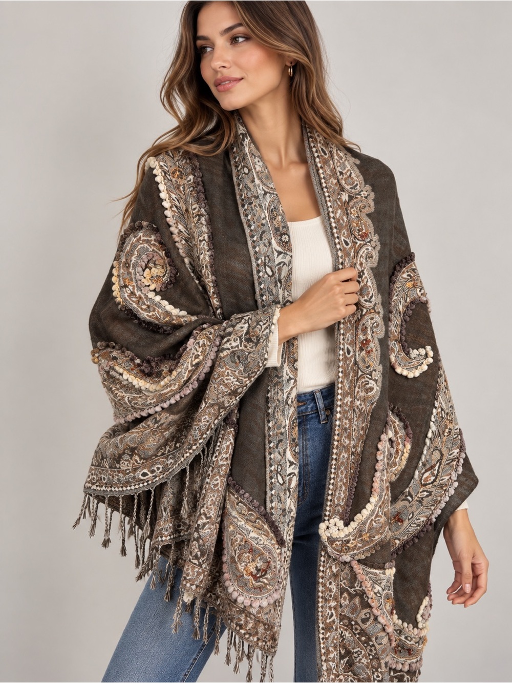 Eyeful Wool Viscose Paisley Embroidered Boho Shawl Scarf Wrap Brown